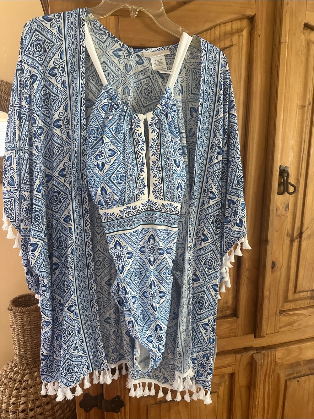 Blue Tile-Print One-Piece Swimsuit with Cover-Up